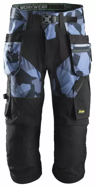 Snickers 6905 FlexiWork+, pirate-työhousut riipputaskuilla, 8604 Sininen camo/musta - Snickers Työshortsit - 69058604 - 1