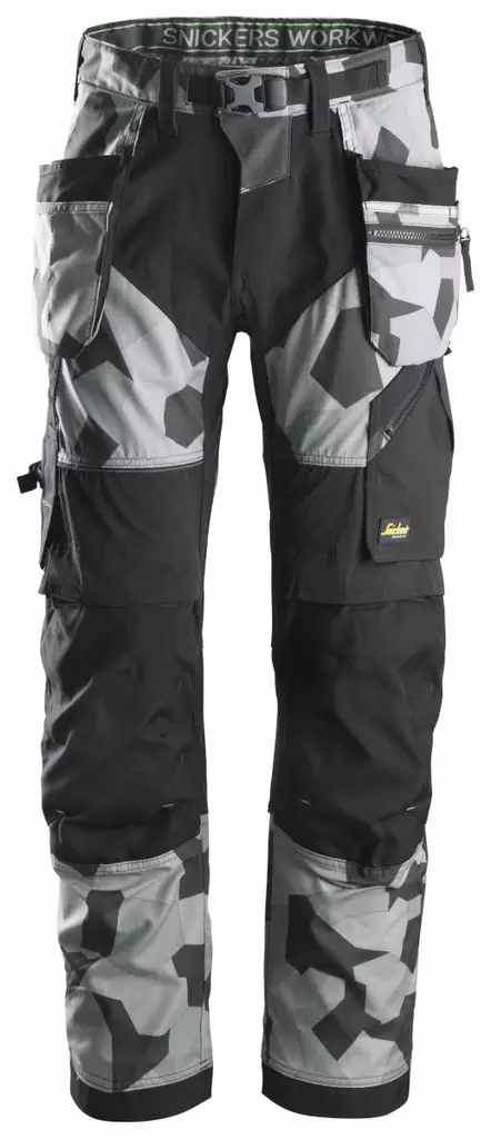Snickers 6902 FlexiWork+, työhousut riipputaskuilla, 8704 Harmaa camo/musta - Snickers Työhousut - 69028704 - 1