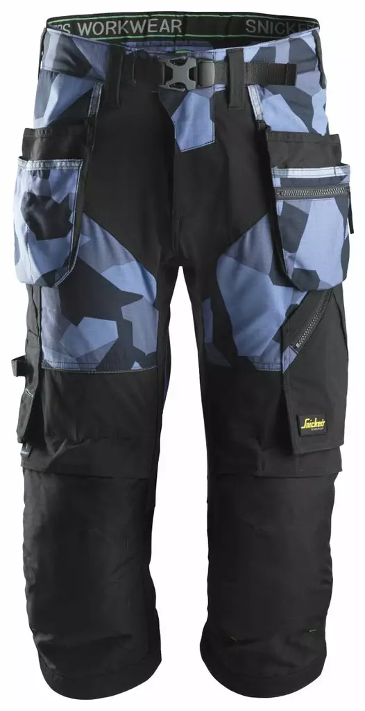 Snickers 6905 FlexiWork+, pirate-työhousut riipputaskuilla, 8604 Sininen camo/musta - Snickers Työshortsit - 69058604 - 1