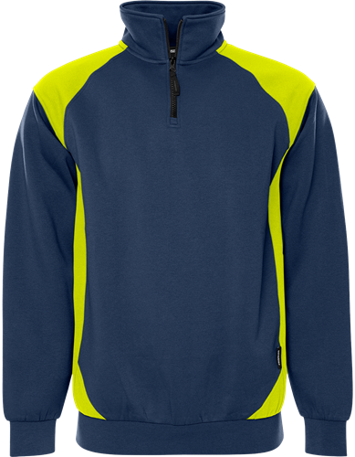 Fristads Collegepaita lyhyt vetoketju 7048 GSM, Tummansininen/Neonkeltainen - Fristads Työpaidat - 300511-556 - 1